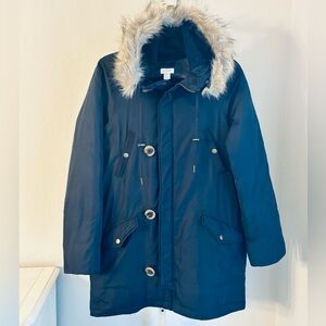 J.Crew Nordic Parka Coat Detachable Faux Fur Hood in Navy Blue, Size XS